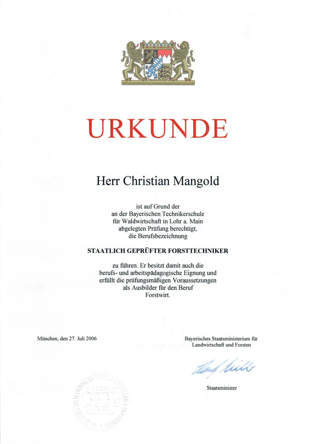 Zertifikat „Der Waldmann“.